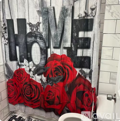 A bathroom decorated with red roses and a wooden word LOVE.