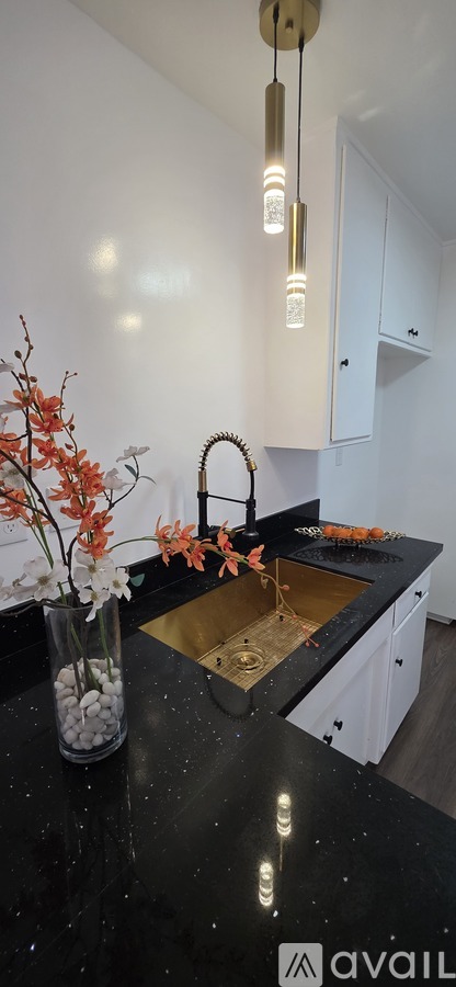 A kitchen with a black countertop and a sink.