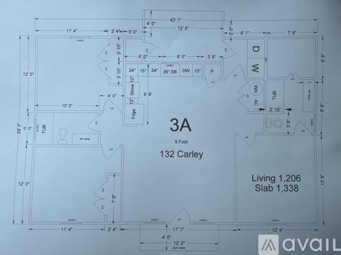 A floor plan for a 3A 132 Carley apartment shows a living area of 1,206 square feet and a bedroom area of 1,338 square feet.