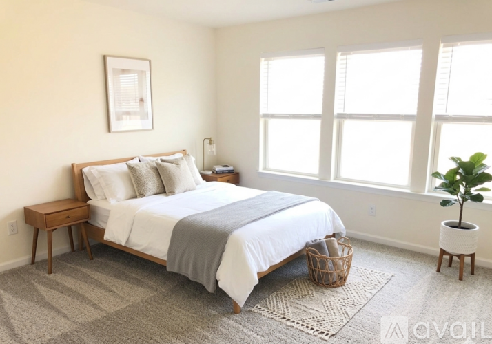 A bedroom with a bed, nightstand, and a plant.