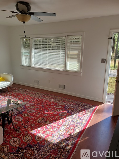 A room with a rug on the floor and a ceiling fan.
