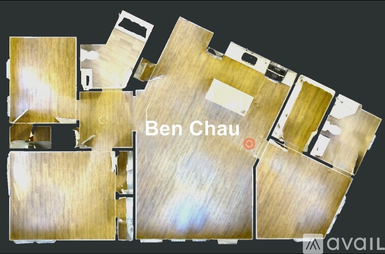 A wooden model of a building layout with the name Ben Chau.