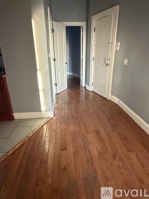 A hallway with wood flooring and white doors.