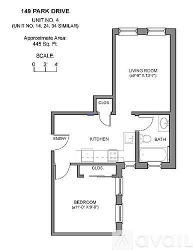 A floor plan for a unit at 149 Park Drive, showing a living room, kitchen, bathroom, and bedroom.