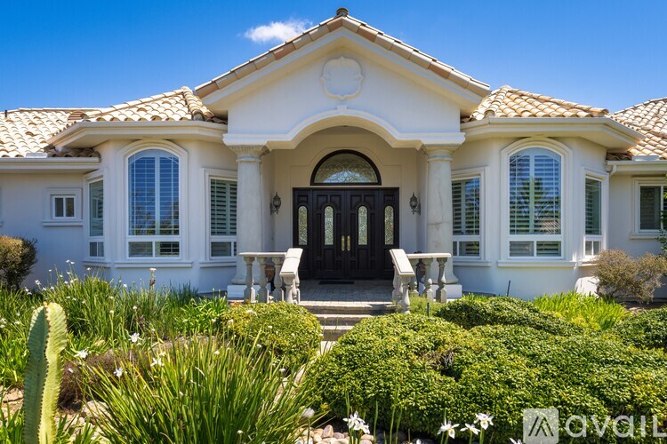 A white house with a black front door and a cactus in front.