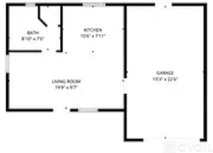 A floor plan of a house with a living room, kitchen, and bathroom.