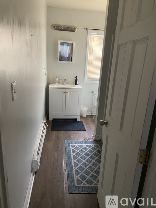 A hallway with a rug on the floor and a door on the right.