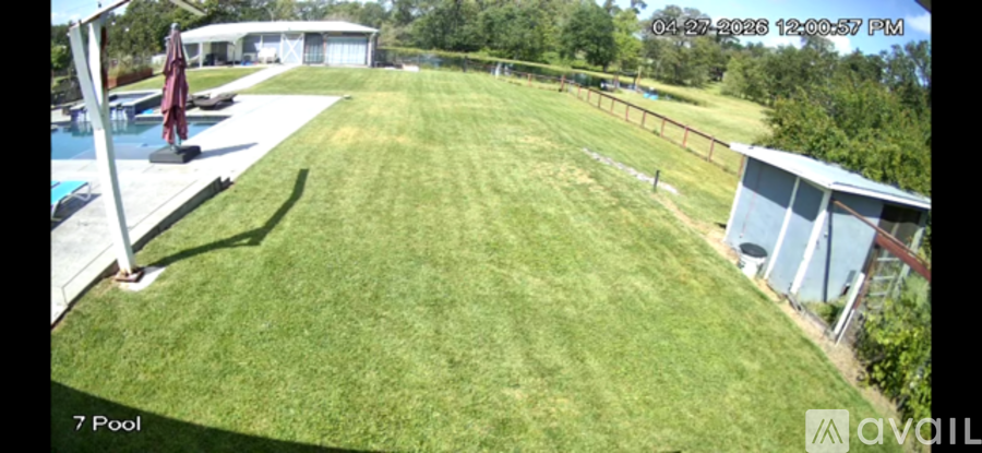 A backyard with a pool and a fence.