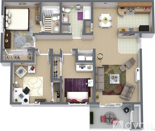 A top-down view of a house layout with various rooms and furniture.