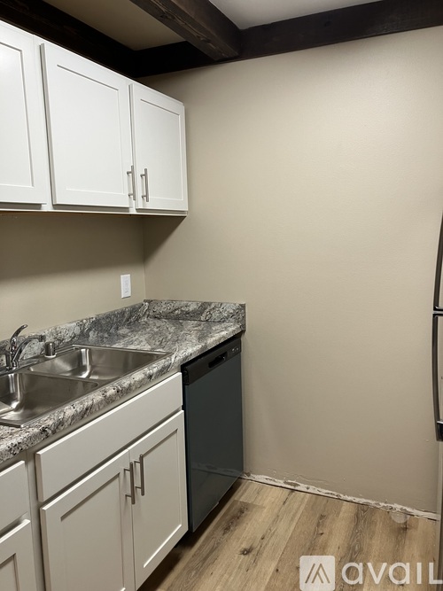 A kitchen with a sink and cabinets.