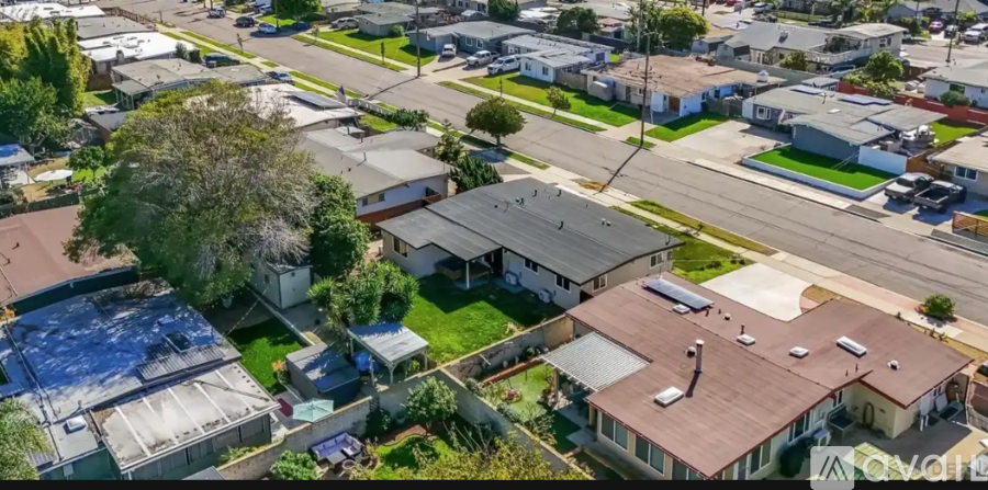 A bird's eye view of a residential area with houses and streets.