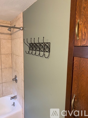 A bathroom with a shower, a sink and a towel rack.