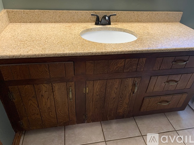 A bathroom sink with a counter top and wooden cabinet.