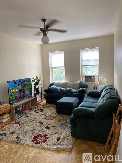 A living room with a television, sofa, and rug.