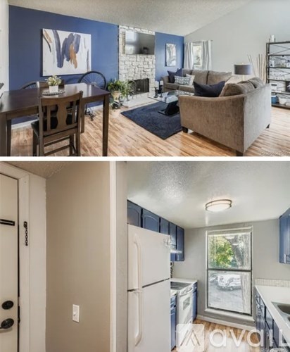 A living room with a couch and a dining table, and a kitchen with a refrigerator and a window.