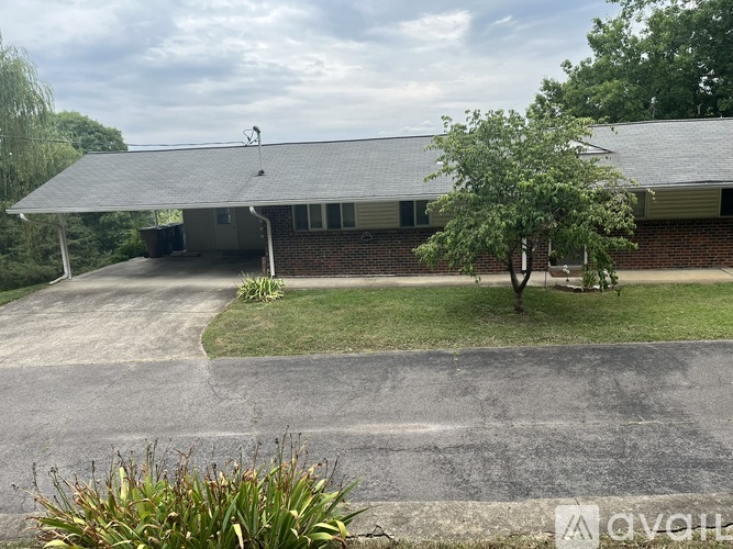 A house with a grey roof and a tree in front.