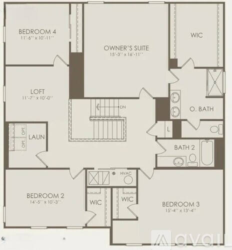 A floor plan of an apartment with four bedrooms, a loft, and an owner's suite.