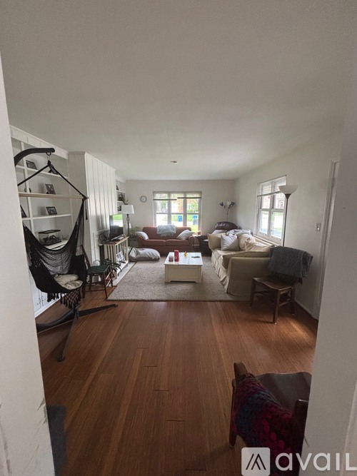 A living room with a hammock and a couch.