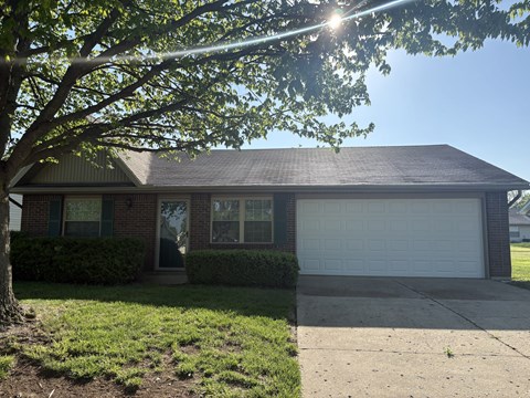 A house with a white garage door and a tree in front.