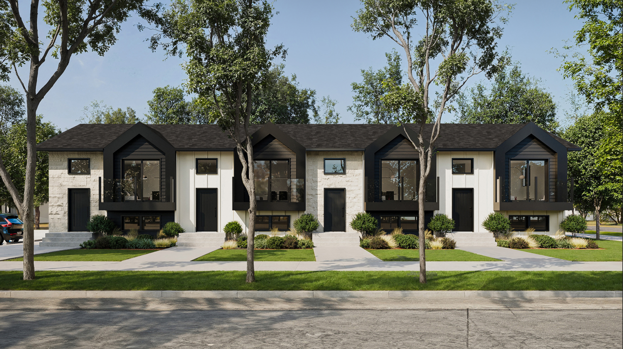 A modern house with black and white exterior and a black roof.