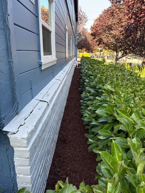 A blue house with a white window sill and a white railing.