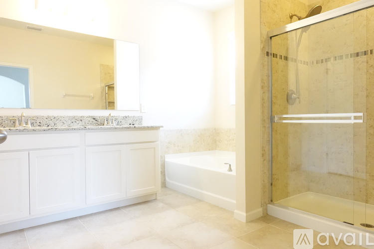 A bathroom with a walk-in shower and a marble countertop.