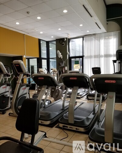 A gym with treadmills and exercise bikes.