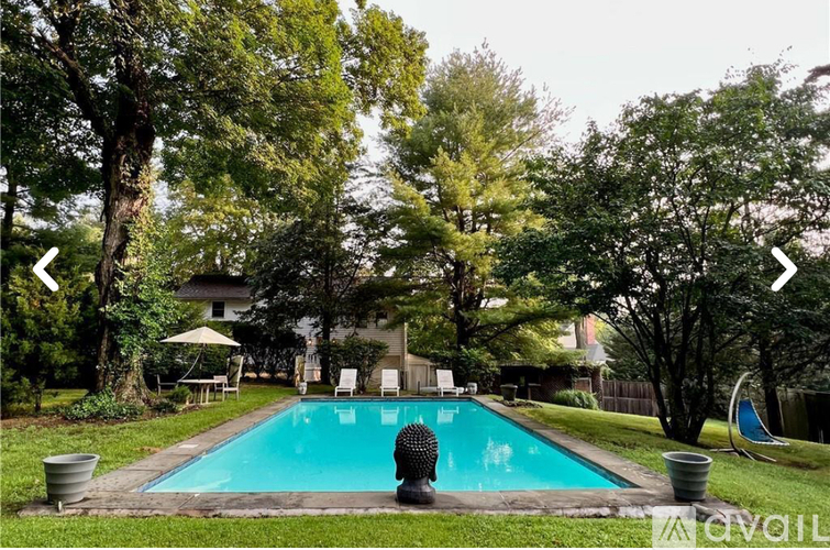 A pool surrounded by trees and a house in the background.