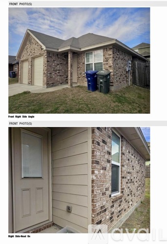 Two front photos of a house with a stone wall and a white door.
