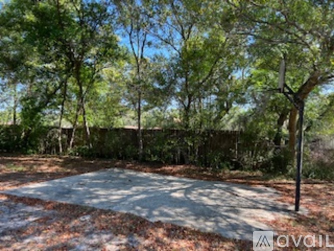 A backyard with a tree and a swing set.