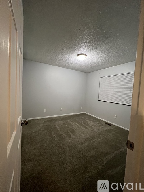 A room with a grey carpet and a white wall with a window covered by blinds.