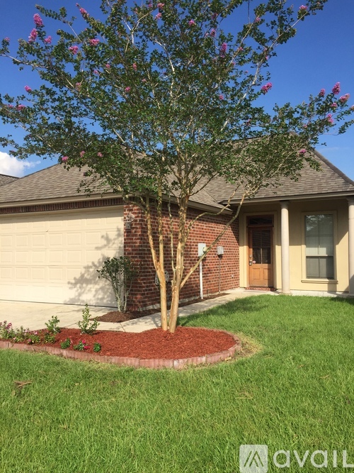 A tree with purple flowers is in front of a house.
