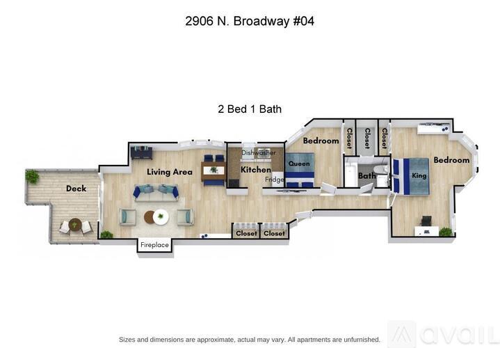 A floor plan of an apartment at 2906 N. Broadway #04 with two bedrooms, one bathroom, and a deck.