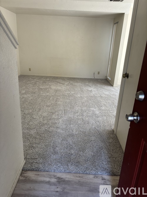 A room with a carpeted floor and a door on the right side.