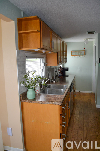 A kitchen with wooden cabinets and a sink.