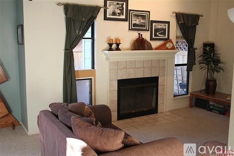 A living room with a fireplace and a couch.