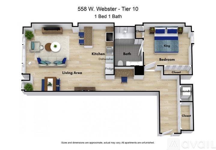 A floor plan of a 1 Bed 1 Bath apartment in the 10th tier of a building at 558 W. Webster.