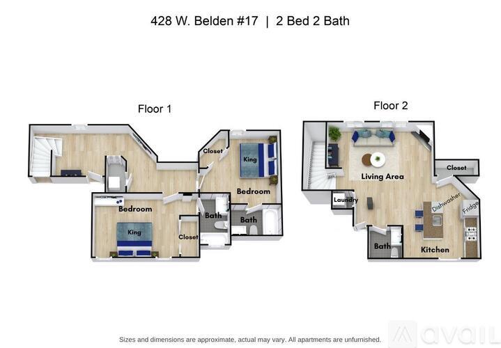 A floor plan of an apartment at 428 W. Belden #17 with two bedrooms and two bathrooms.