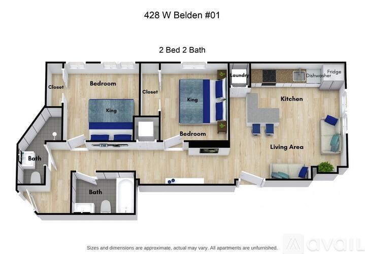 A floor plan of a 2 bedroom, 2 bath apartment at 428 W Belden #01.
