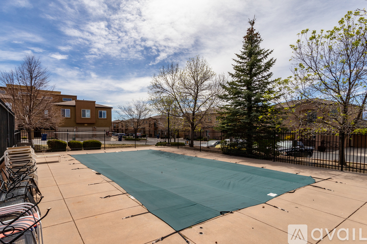 A swimming pool surrounded by a fence and trees.