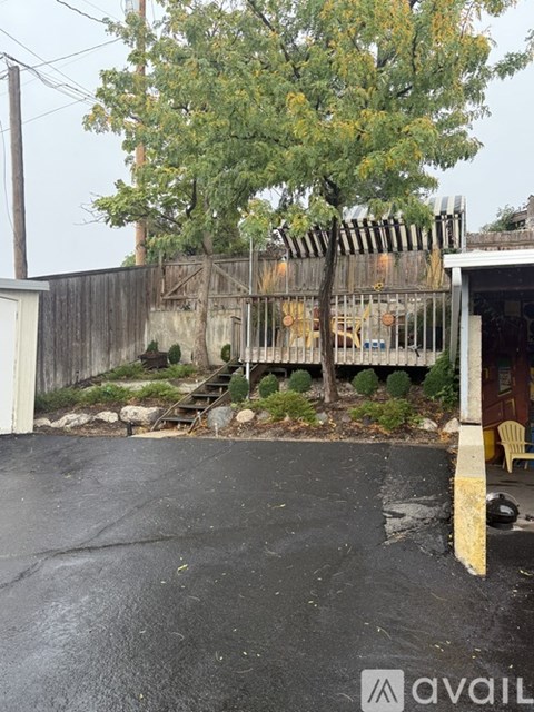 A backyard with a wooden fence and a tree.