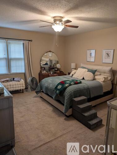 A bedroom with a bed, dresser, and mirror.