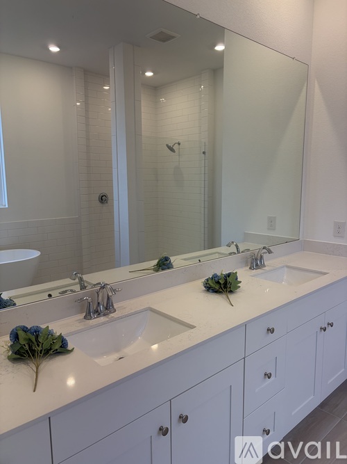 A bathroom with two sinks and a large mirror.