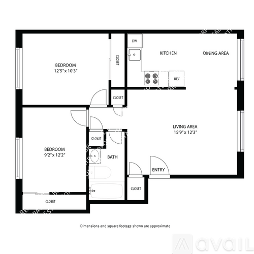 A black and white image of a floor plan for a house with two bedrooms, a living area, kitchen, dining area, and bathroom.