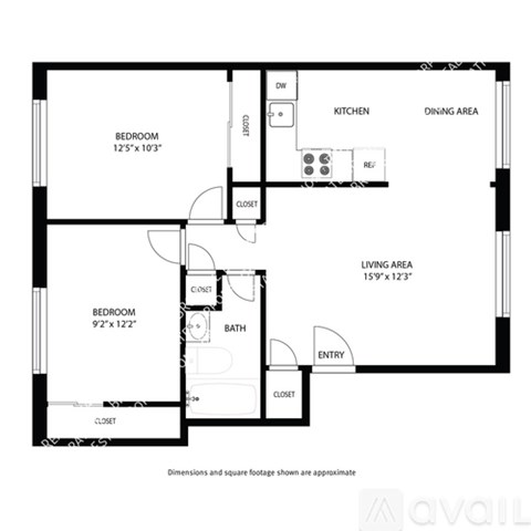 A black and white image of a floor plan for a house with two bedrooms, a living area, kitchen, dining area, and bathroom.