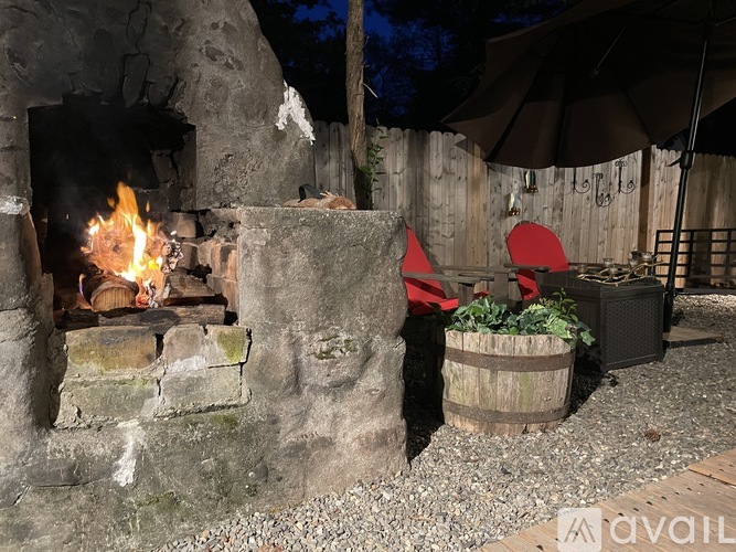 A fire burns in a stone fireplace.