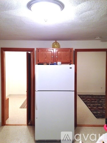 A white refrigerator is in a kitchen with wooden cabinets.
