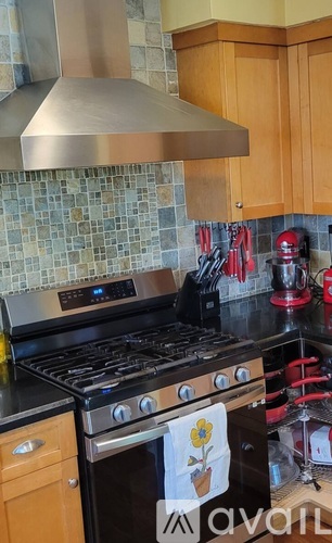 A kitchen with a stove top oven and a range hood.