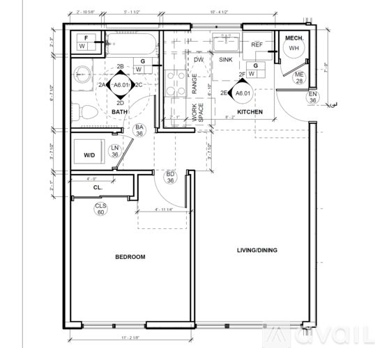 A floor plan of a small apartment with a bedroom, living/dining area, and kitchen.