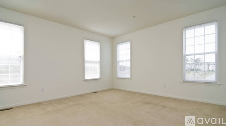 A room with two windows and a carpeted floor.